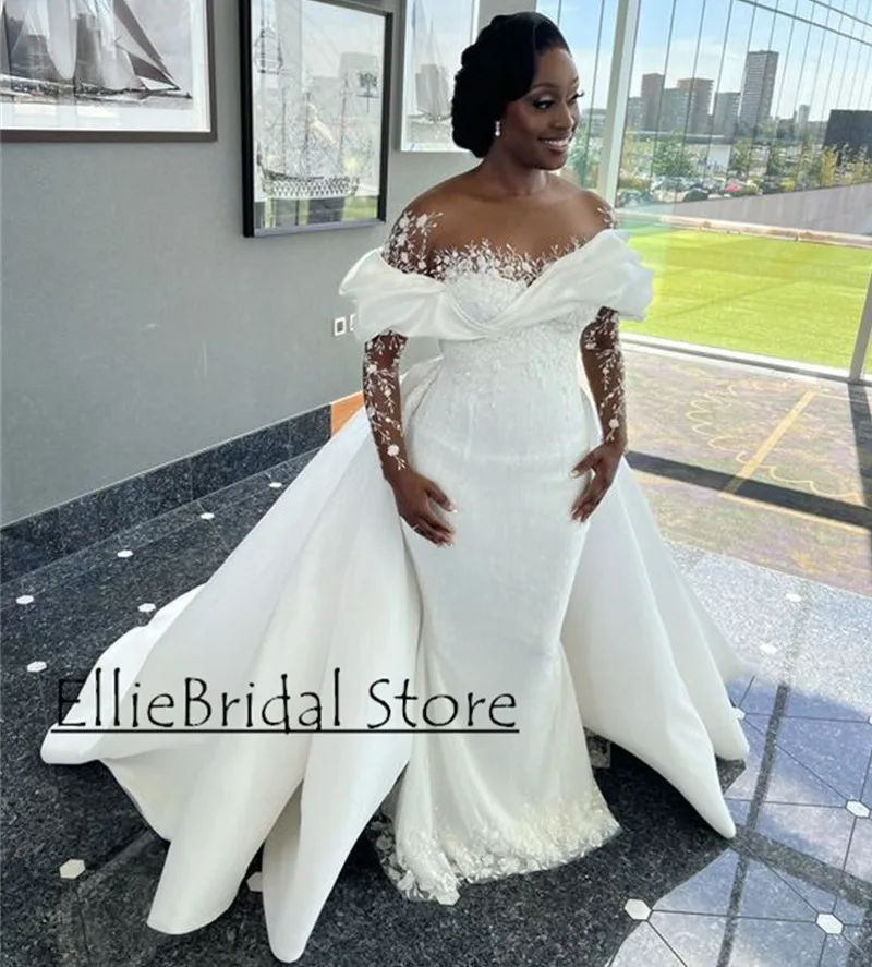 Vestidos de casamento africanos para noivas sheer mangas compridas apliques lantejoulas sereia vestidos de noiva com trem destacável personalizado