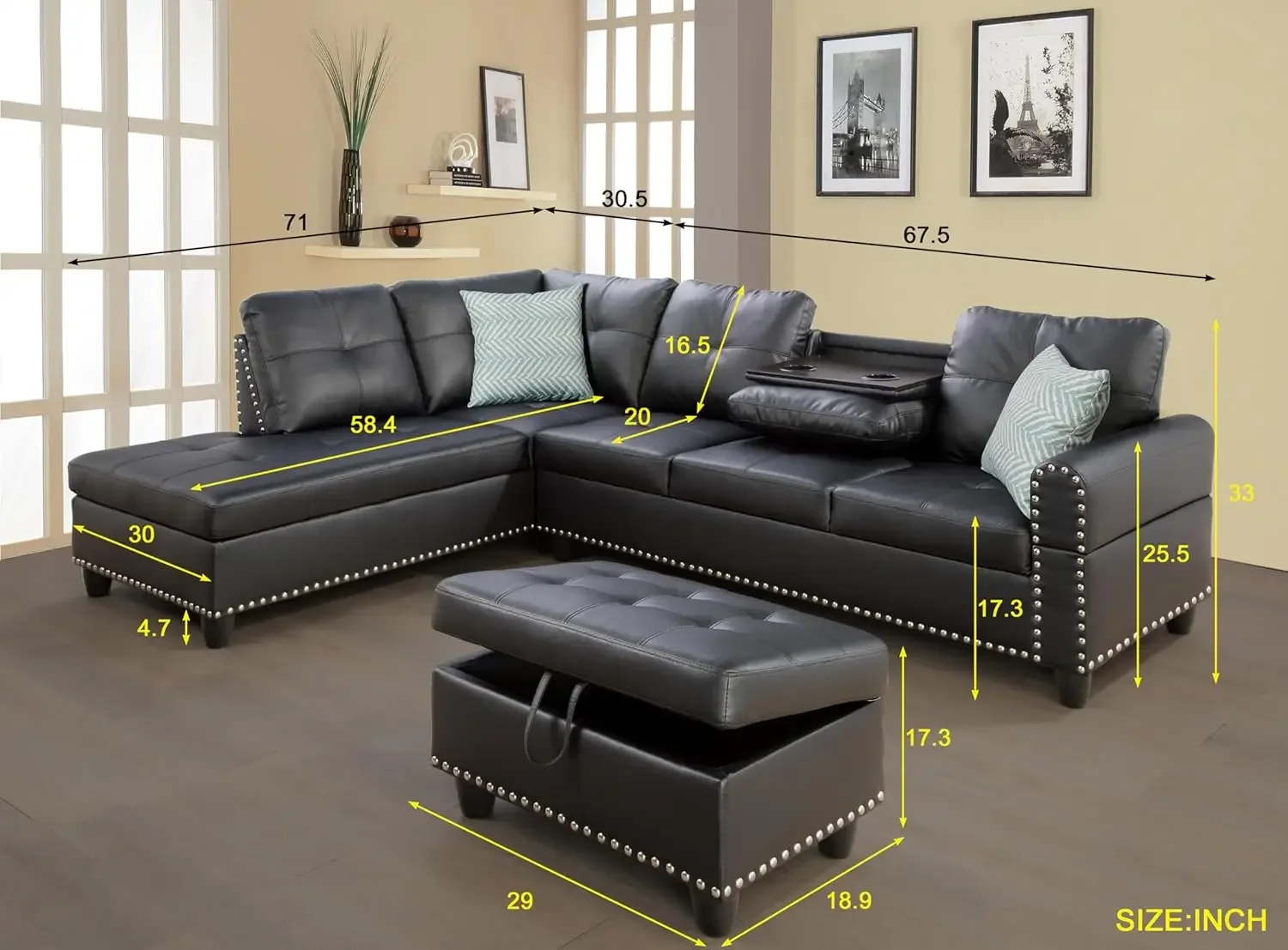 Sectional Sofa with R Chaise, L-Shaped 5 Seaters Faux Leather Upholstered Corner Sofa & Couch W/2 Cup Holders and Storage Ottoma