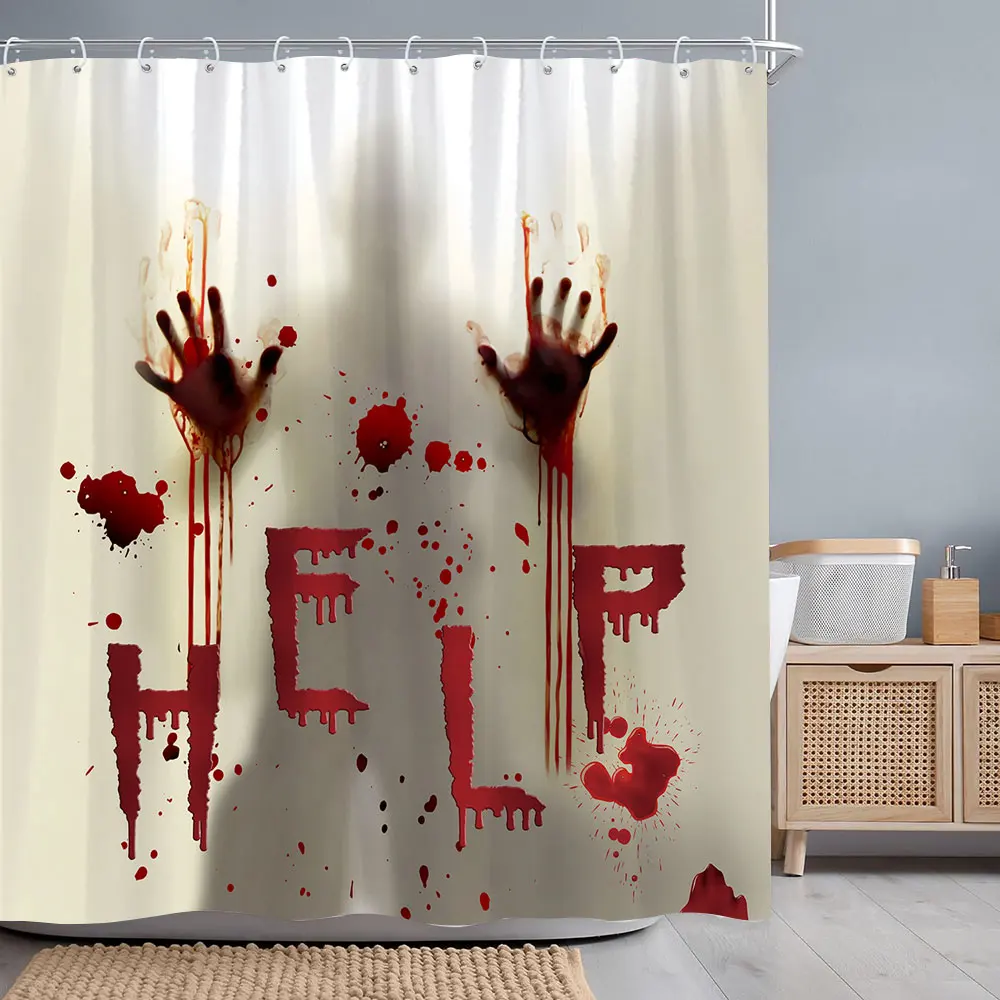 Scary Blood Handprints Halloween Shower Curtain Scary Shadow Blood Bathtub Polyester Shower Curtains Bathroom Decor with Hooks