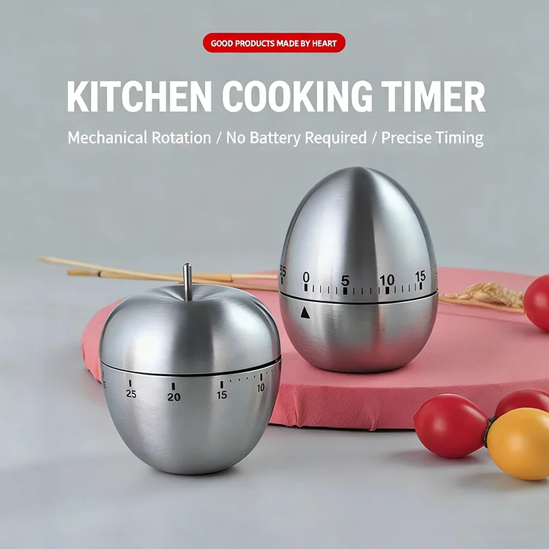 Stainless Steel Egg/Apple Shaped Manual Mechanical Kitchen Timer (battery Free) Countdown Cooking Tool with Loud Sound Reminder