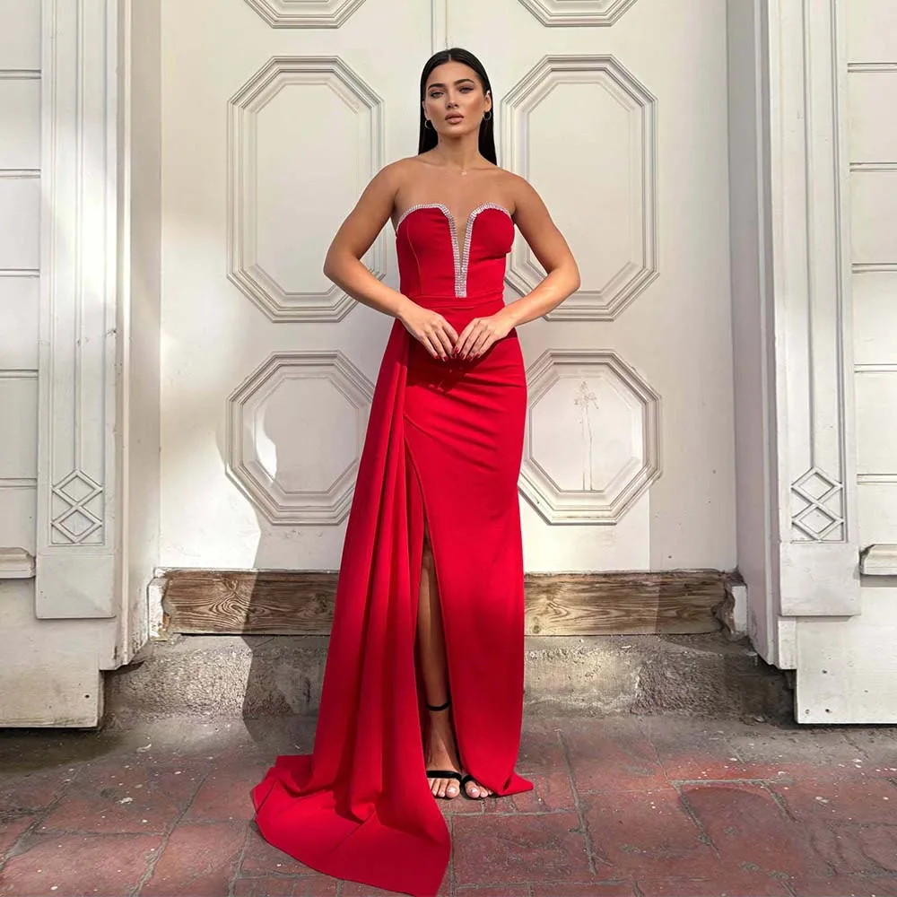 

Customized Saudi Dress Trumpet Sleeveless Floor Length Women's Wedding Evening Dresses Beading Formal Party Dress With Train