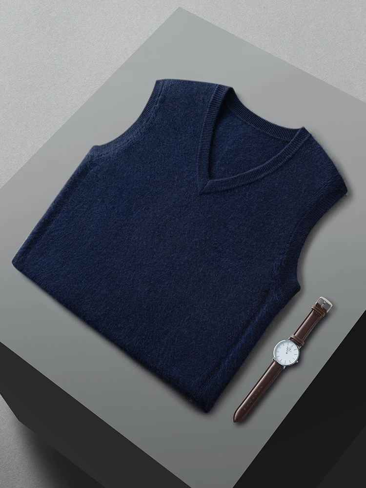 ADDONEE Men V-neck Cashmere Waistcoat Hollow Sleeveless Pullover Sweater 100% Cashmere Knitwear Smart Casual Clothes Spring Tops