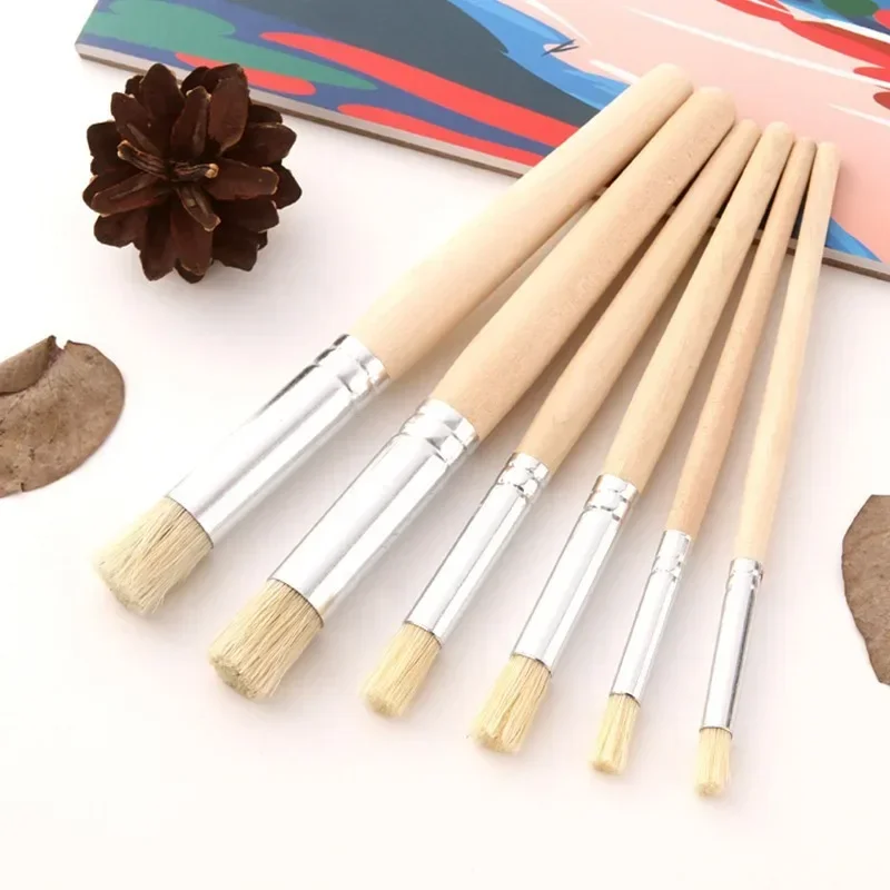 6-Pcs Piggy Mane Oil Painting Brush Round Head Wooden Handle Hard Hair Set Paint Brush Pier Pen Professional Art Cleaning Brush