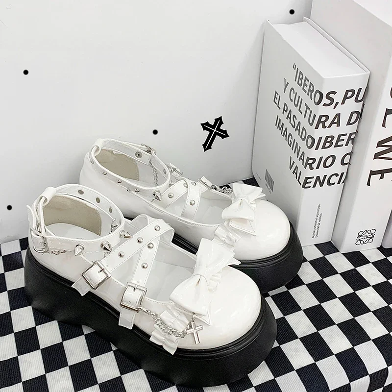 Kawaii Bow High Heels Elegant Princess Leather Shoes Lolita Y2k Punk Sweet  Platform Shoes Female