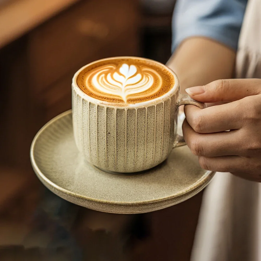 Vintage Ceramic Cup and Saucer Set Korean Style Ins Solid Color 240ml Household Drinkware Breakfast Milk Coffee Cup Saucer