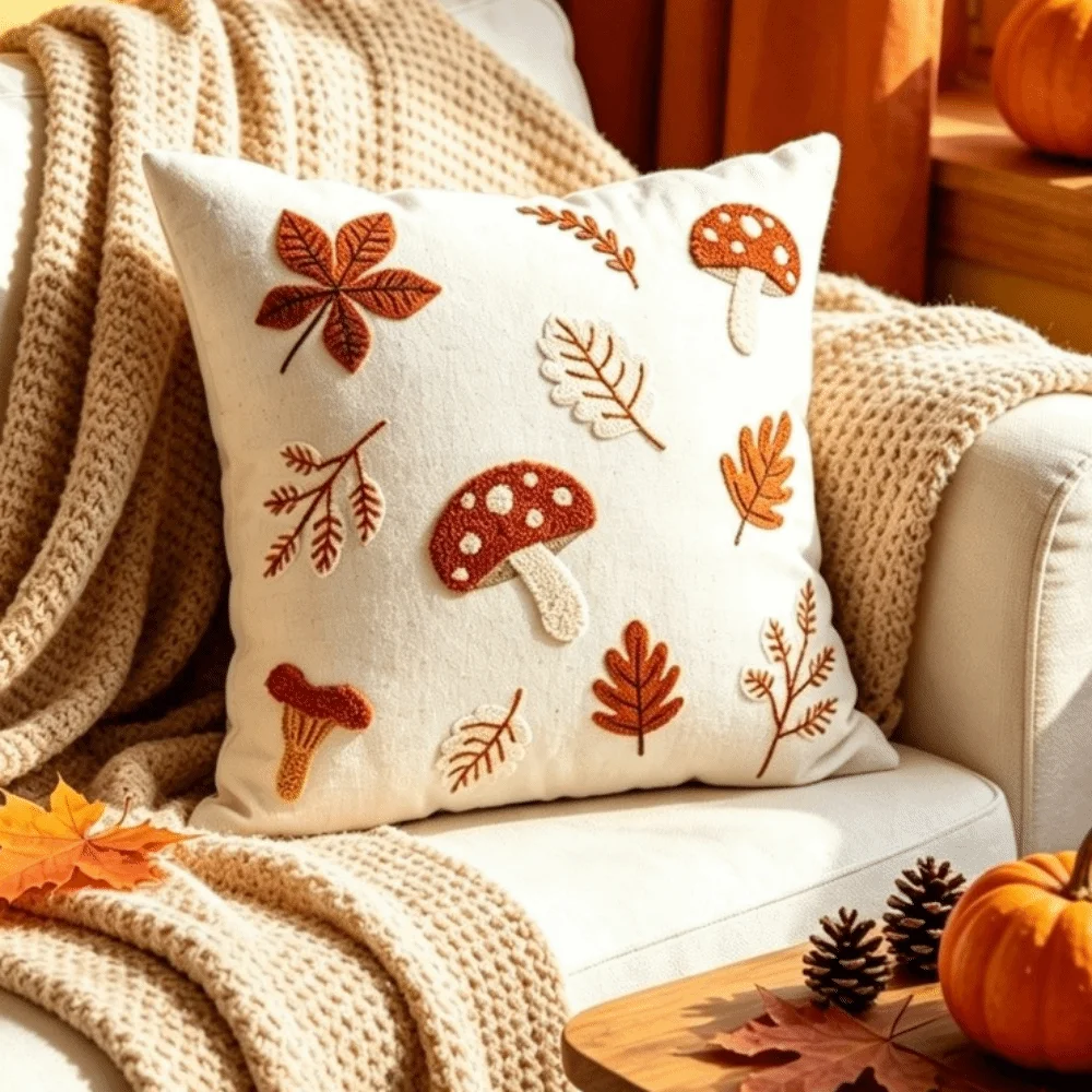 New Soft Throw Pillow Covers Mushroom Maple Leaves Decorative Pillow Case Zipper Closure Orange Red Cushion Covers Fall Decor