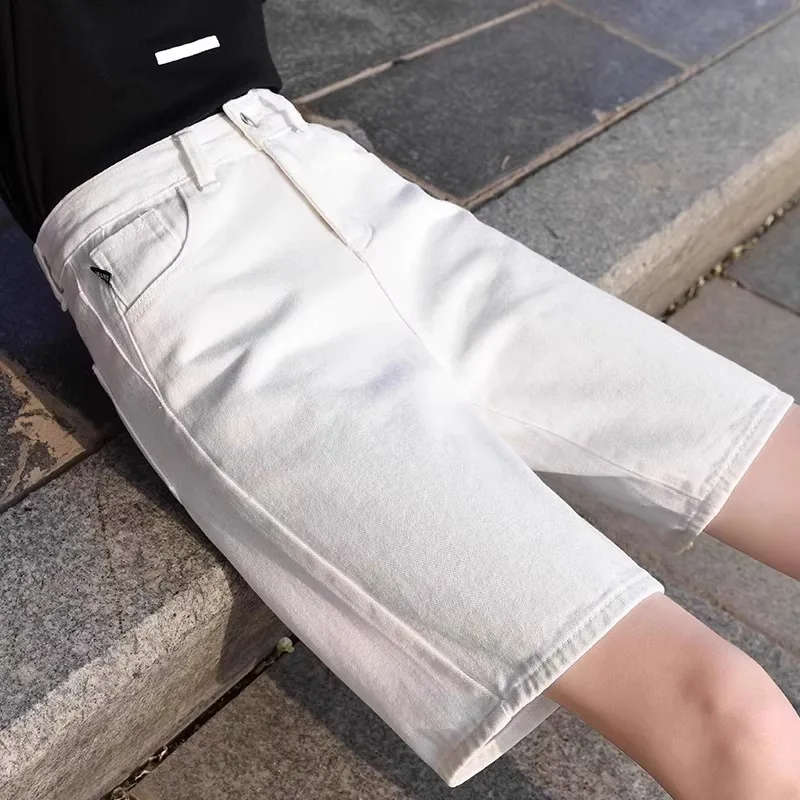 White High Waist Loose Fit Thin Denim orts Women's Summer Casual Straight Leg Five-Quarter Length for Pear aped Body