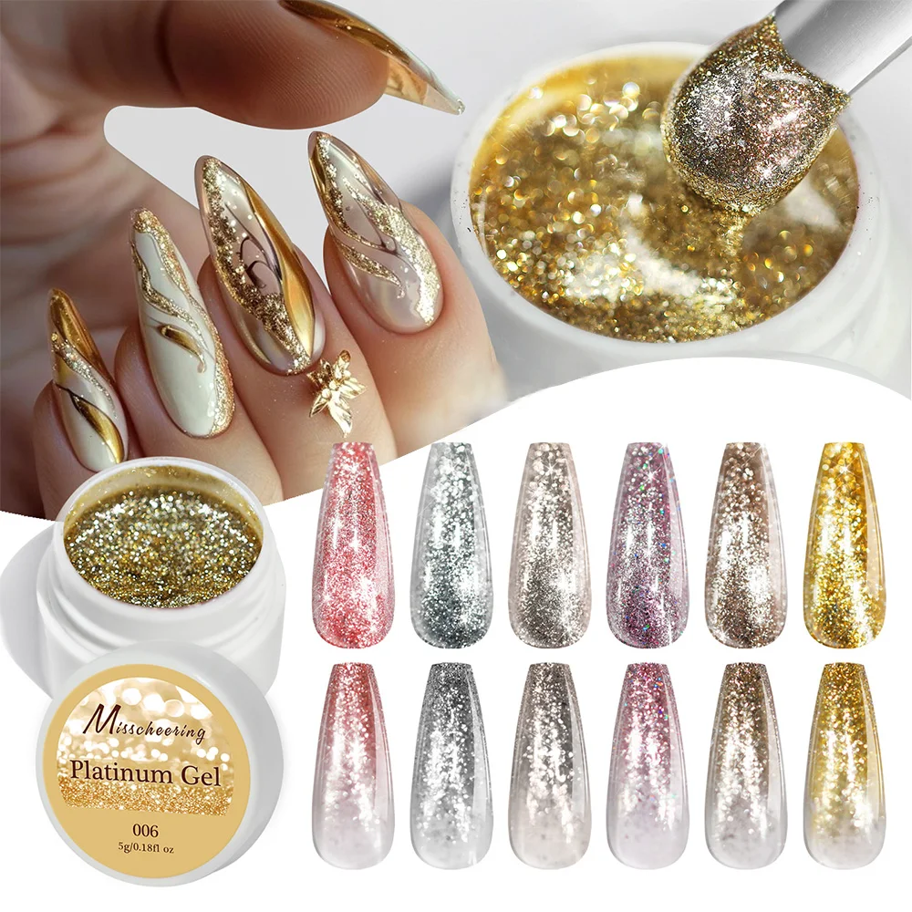 Glitter Painting Gel for Nail Art, Silver Gold  Painted Metal Platinum Drawing Liner Gel Nail Paint Sparkling Soak Off for DIY