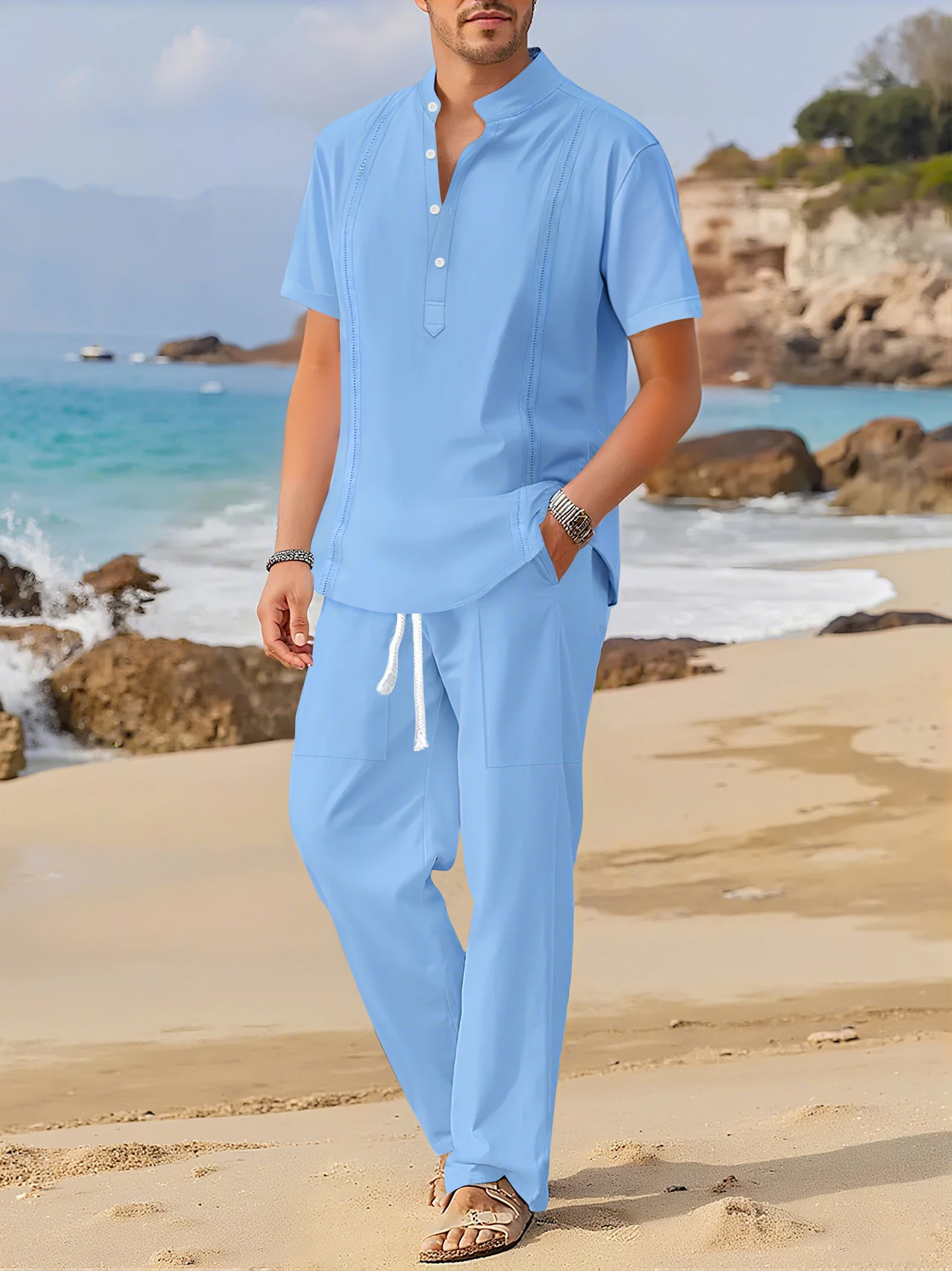 Men's Fashionable 100%Cotton Henry is wearing short-sleeved shirts. Set with Cuban Pocket Short Sleeve Casual Two-Piece Suit