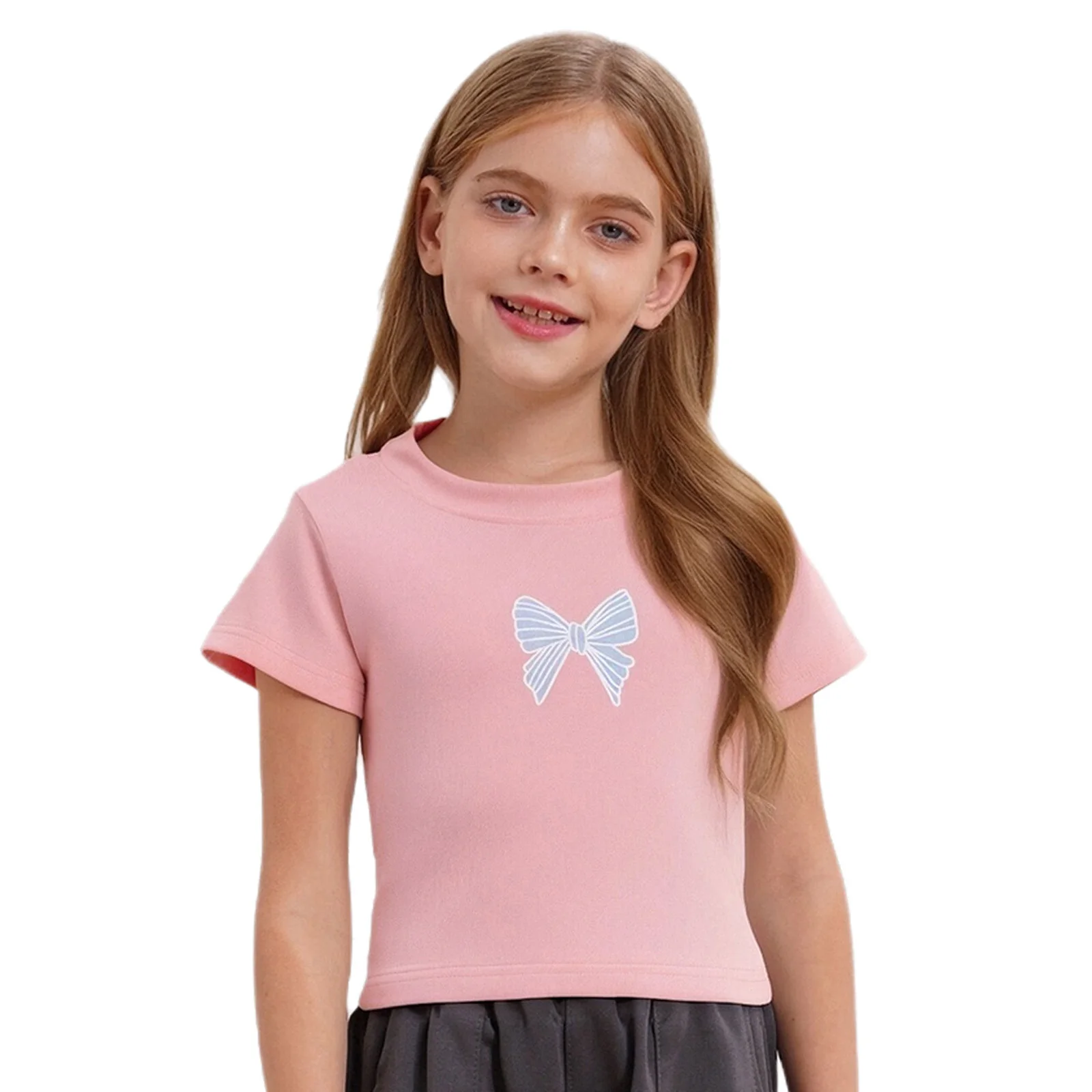 

Kids Girls T-shirt Cotton Bowknot Printed Round Neck Short Sleeves Lace-Up Back Shirt Tees Top for Birthday Party Picnic Holiday