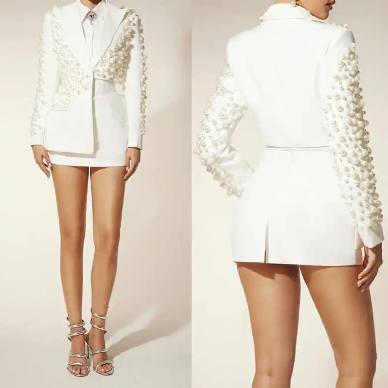 

Fashion Two Piece Sets For Women Peaked Lapel Long Sleeves Pearls Irregular Blazers Mini Skirt Customized Outfits