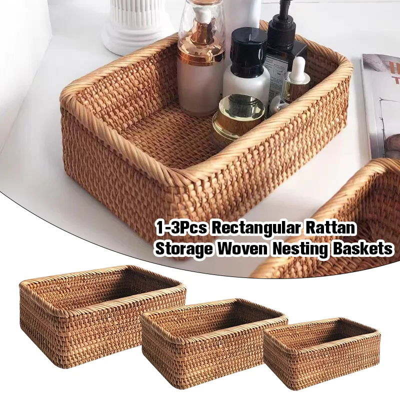 

3 Sizes Handmade Rattan Wicker Nesting Baskets Rectangular Woven Storage Set for Home Decor Fruit Snack Tray Organizer Box