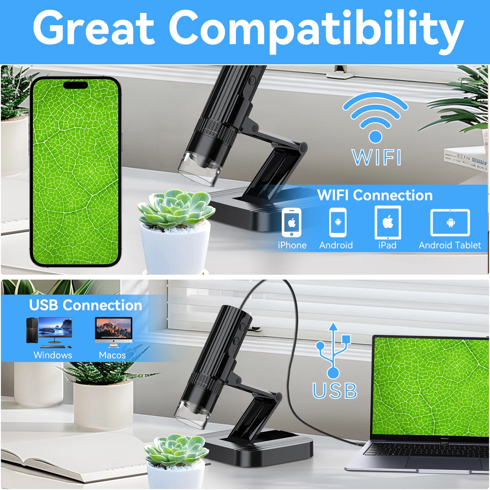 Sitoole-Microscópio Sem Fio com Suporte Ajustável, 1000X HD, WiFi, Lupa Digital Portátil, Câmera para IOS, Android, Mac, PC