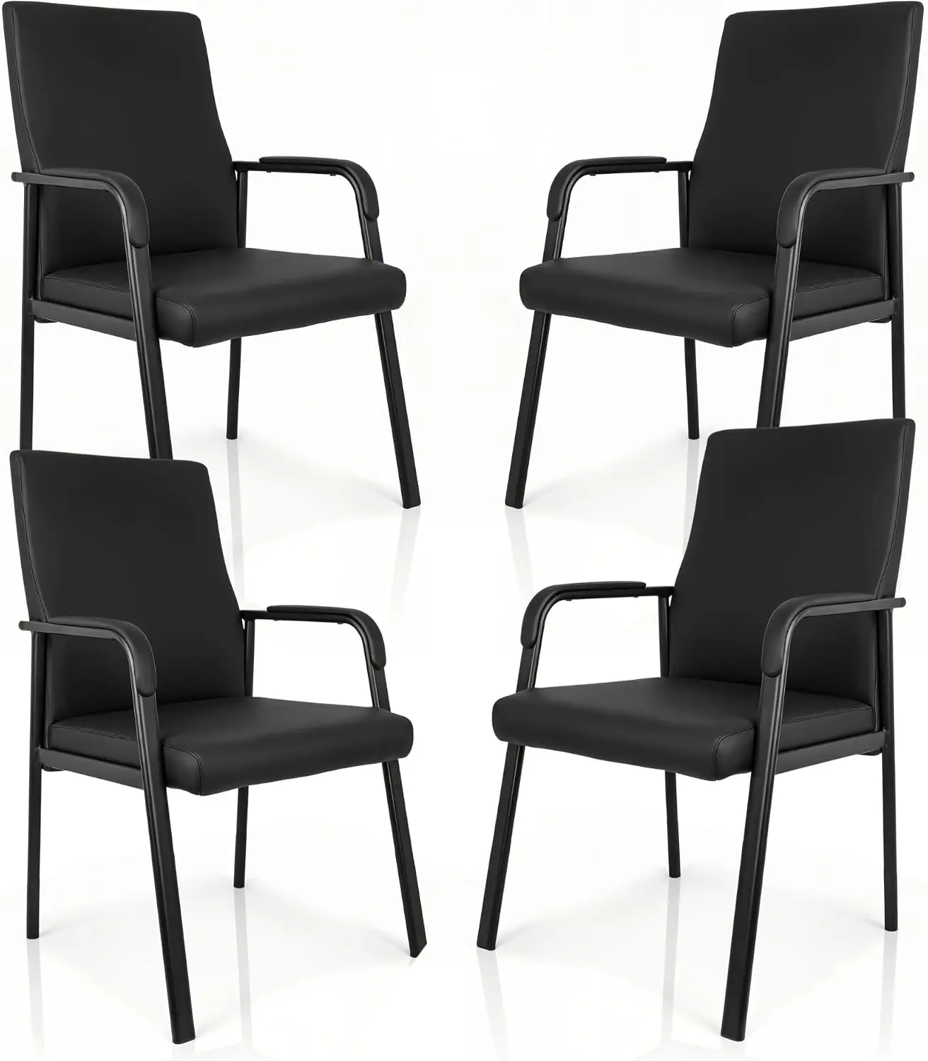 4-Pack Black Leather Office Guest Chairs, 600 lbs High Back Reception Chairs with Padded Armrests, No Wheels