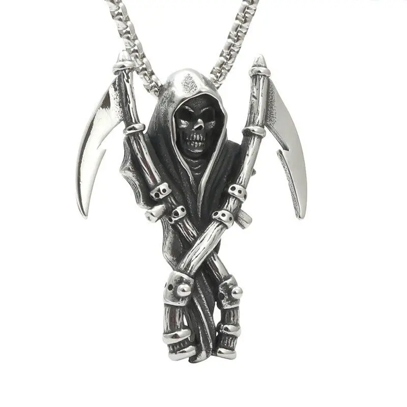 Vintage Stainless Steel Men's Death Skeleton Skull Grim Reaper Pendant Necklace Chains Jewelry Accessories