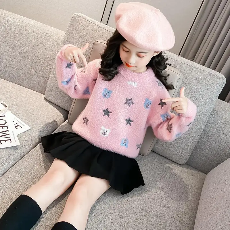 

Original Mink Fur Crewneck Sweater Thermal Plus Size Fashion Cozy Tween Girls Big Kids 2025 Autumn Winter Base Layer Knitwear