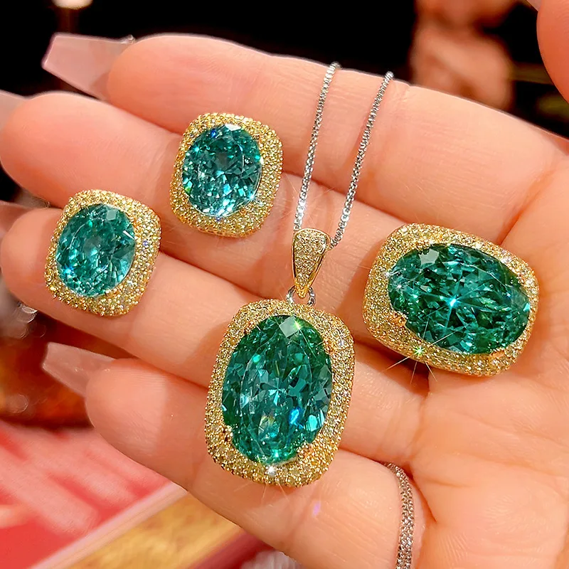 

Luxury Emerald Green Oval Cubic Zirconia Jewelry Adjustable Ring Statement Necklace Earrings for Women Party Wedding Accessories