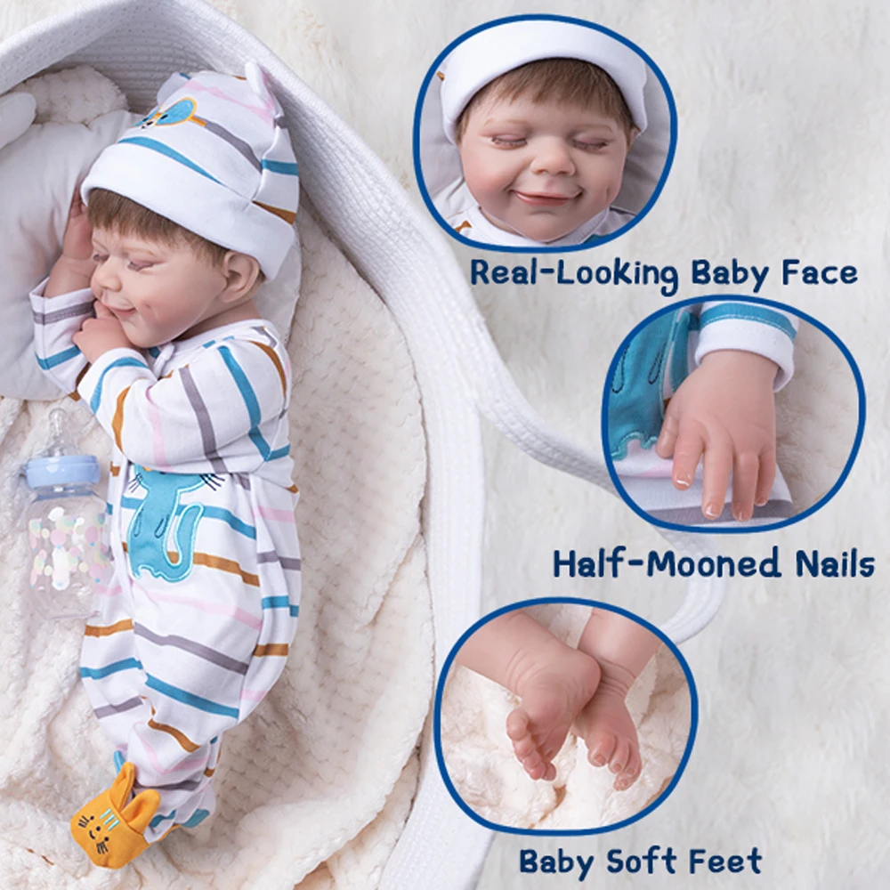 18-inch vinyl herboren babypop, schattig lachend gezicht, witte cartoon gestreepte outfit, realistische huid, gezichtsmerken, verzamelaars