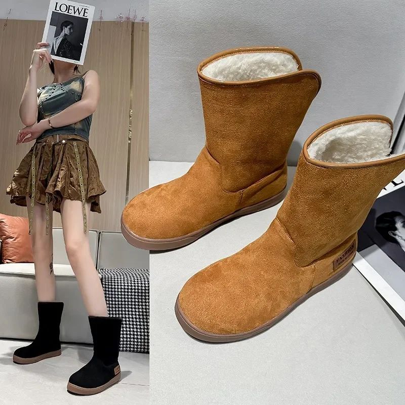 2024 New Shoes for Women Slip on Women\' Boots Winter Round Toe Solid Flock Plush Warm Comfortable Low-heeled Mid Calf Snow Boots