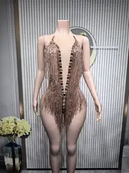 Sparkly Rhinestones Sequins Tassel LeotardWomen Nightclub Outfit Singer Dancer CostumeStage Wear Sexy Performance Bodysuit  G007