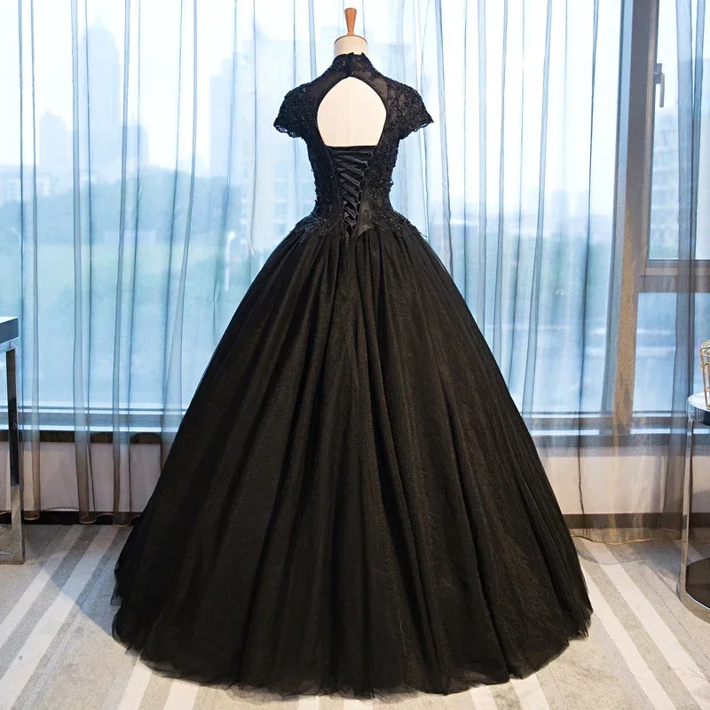 Evening Dress Black Beading Tulle High Collar Lace up Princess Floor Length Plus size Lady Party Formal Ball Gown Robe De Mariee