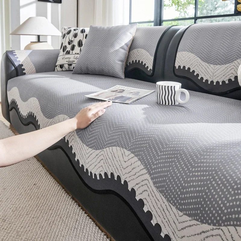 Ice Silky Wave Pattern Couch Pad, Summer Cooling Non-slip Breathable Sofa Cushion Cover for Living Room Decor