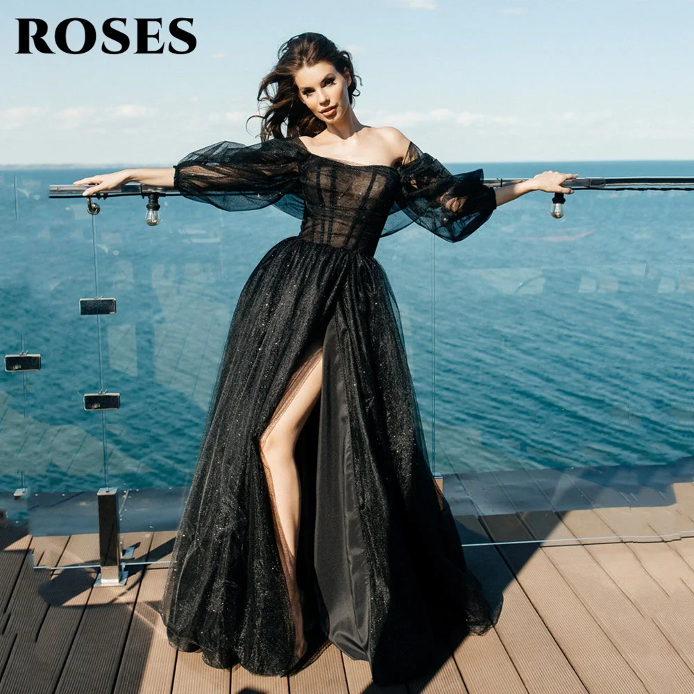 

ROSES Off the Shoulder Evening Dresses Sweetheart Charming Prom Dress Black Glitter Sequin Party Dresses vestidos de noche