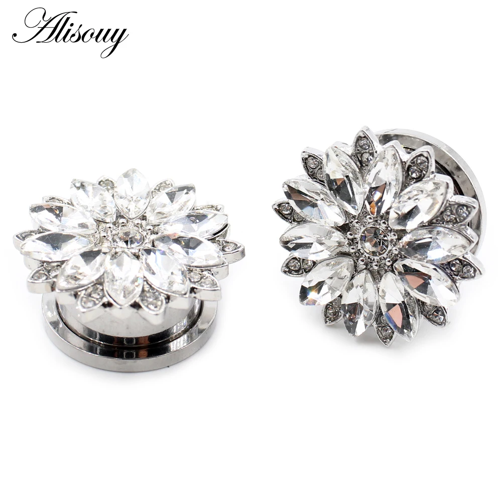 Alisouy 2 Stück Edelstahl Blume Zirkonia Mond Stern Uhr Herz Schraube Ohr Tunnel Plugs Expander Messgeräte Körper Piercing Schmuck – Detail 20