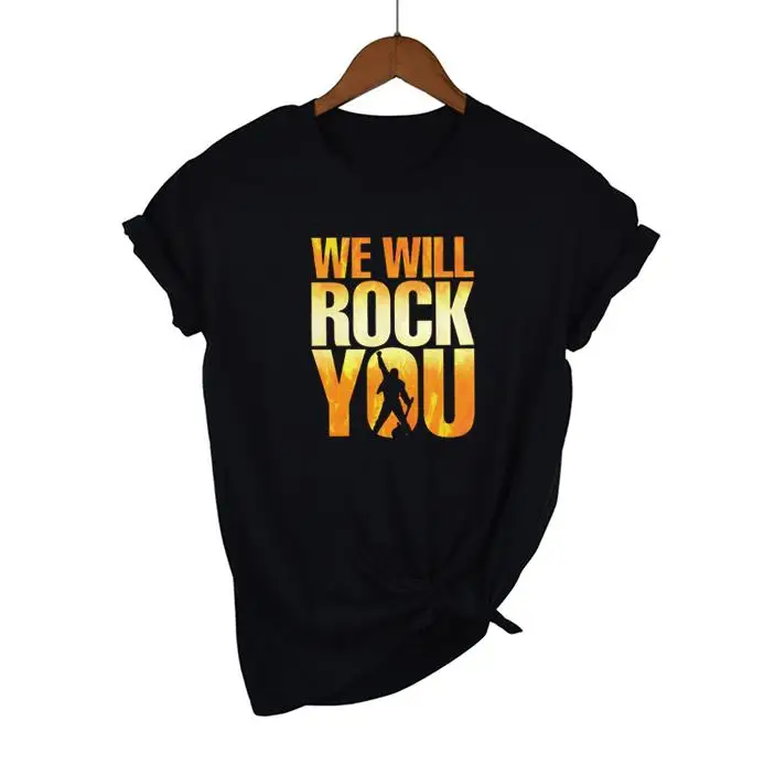 

Женская футболка с надписью We Will Rock You, летняя хлопковая футболка с надписью Queen Rock Band, свободная уличная одежда, новинка, хип-хоп хипстерская футболка для мужчин
