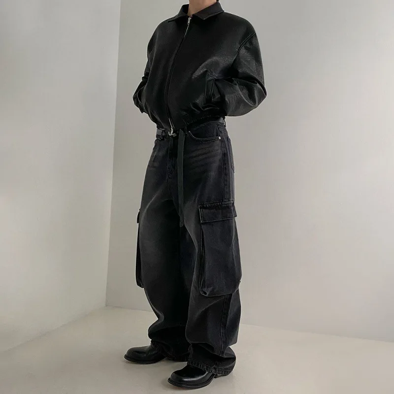 الرجال فو الجلود معاطف الرجعية قصيرة فضفاضة التلبيب سترة الربيع عارضة أعلى الجانب التماس جيب ثنائي الاتجاه البريدي تصميم ملابس للرجال #5