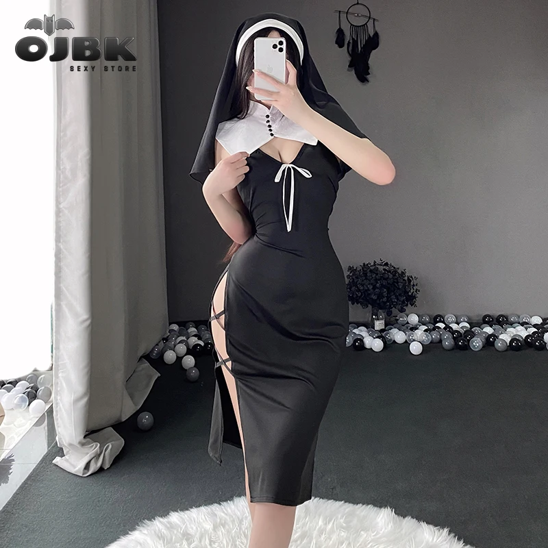 OJBK Nun Role Play Maid Cosplay Costume Suit Women Sexy Lingerie Dress Anime Nun Headgear Halloween Black Hollow Passion Uniform