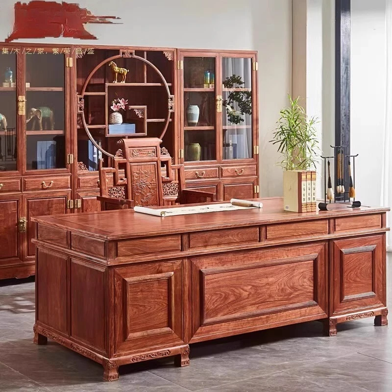 

Changshengji mahogany desk hedgehog red sandalwood rosewood bookcase chair combination Chinese all-solid wood boss table