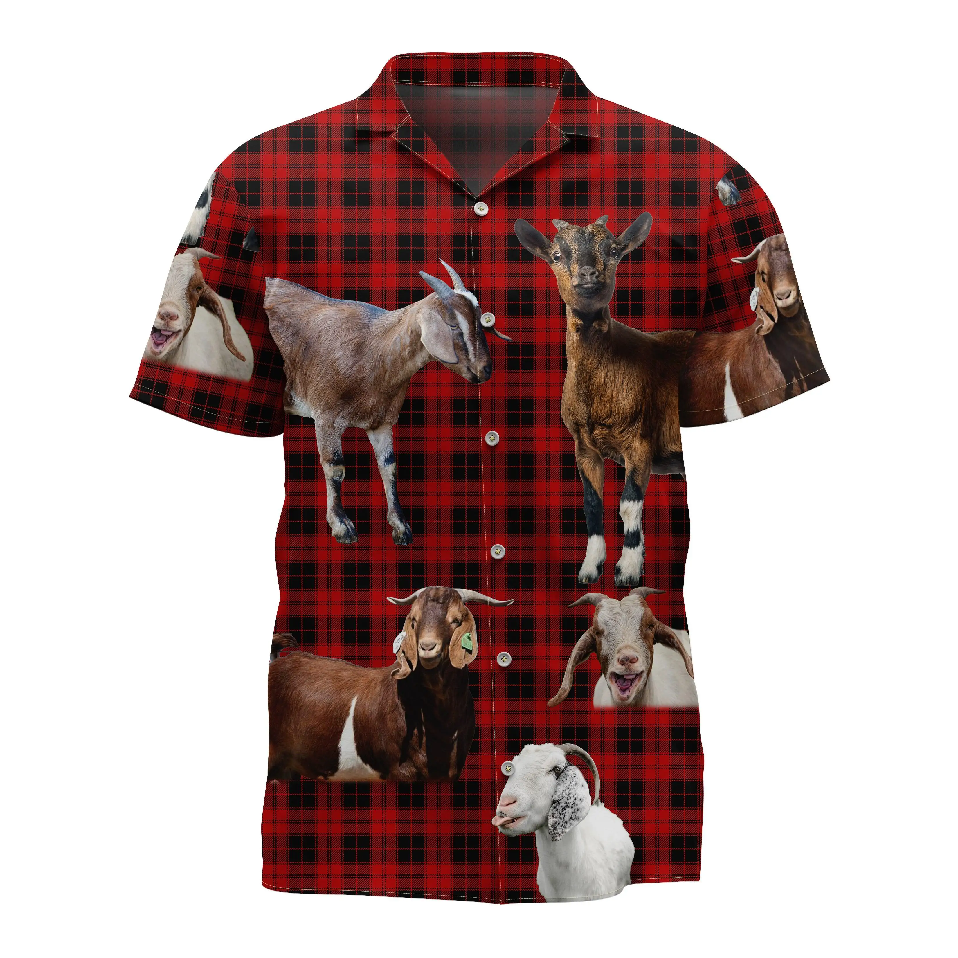 Jumeast Goat Pattern Short Sleeve Hawaiian Shirt Red Tartan Vintage Graphics Polyester Aloha Shirts Tropical Casual Man Clothing