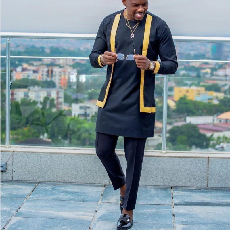 

Men's Suit Kaftan Style Patchwork Fake 2-piece Suit Muslim Men's Suit Long Dress Robe Abaya Ramadan Dubai Luxury Islam Elegant