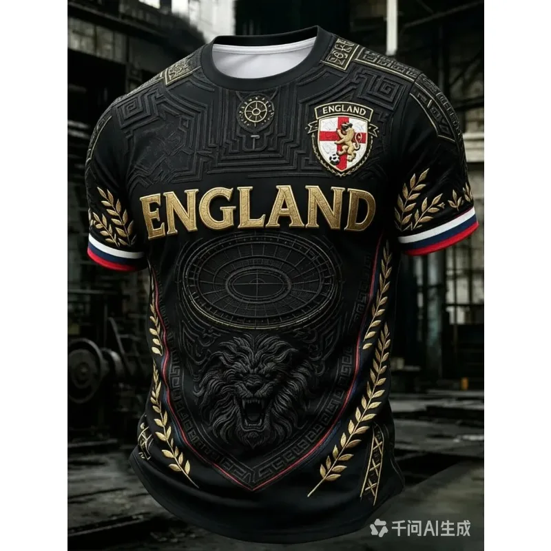 2026 Summer England Themed Black Golden Lion Emblem 3D Print Jersey Unisex Quick Dry Breathable Short Sleeve Soccer Casual Top
