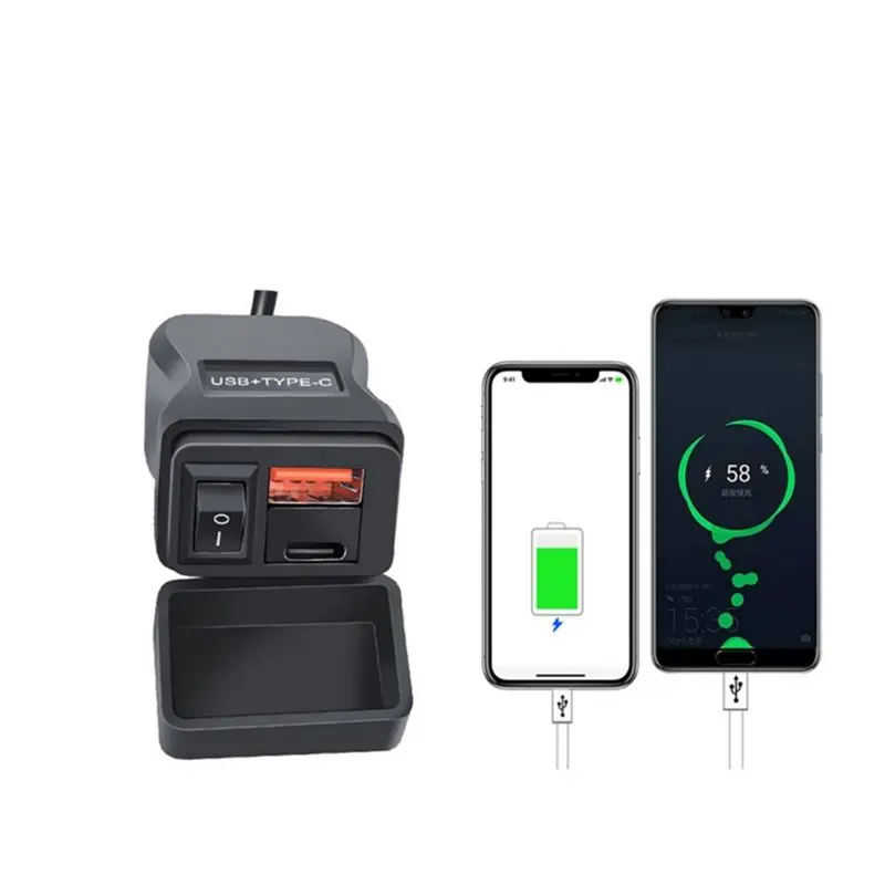 HOT-Universal Motorcycle USB+Type-C QC3.0 Handlebar Fast Charging Waterproof Socket Adapter,Universal Motorcycle USB+Typ