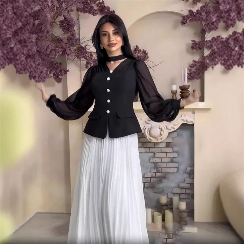 

Saudi Arabia 2 Pcs Women Suit Skirt Set Blazer+Prom Dress Ruffles Wedding Party Gown Formal Office Lady Evening Birthday Robe