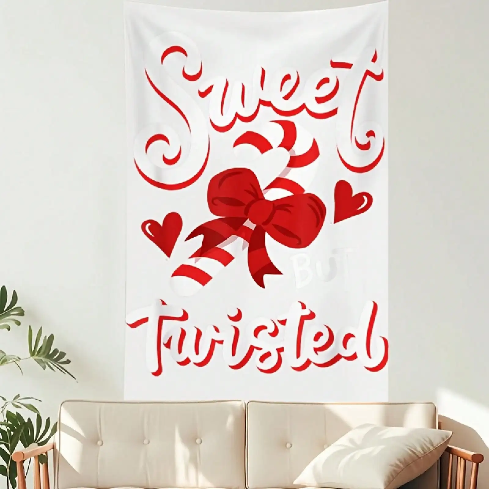 Sweet Twisted Tapestry, Red Bow Heart Typography Wall Hanging, Romantic Aesthetic Decor for Bedroom Living Room Dorm Girl Gift