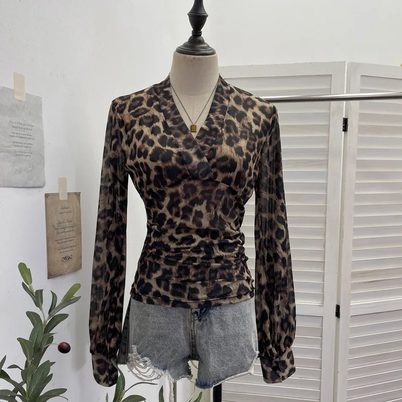 Leopard Print Mesh Deep V-neck Long-sleeved Top Slim See-through T-shirt Bottoming Shirt