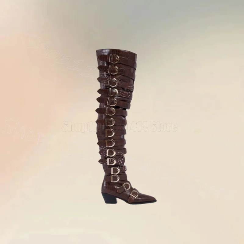 Braune Alligator-Druck-Stiefel mit spitzer Zehenpartie und seitlichem Reißverschluss, Damenschuhe, klobige High Heels, Party, Bankett, 2024, Zapatos Para Mujere