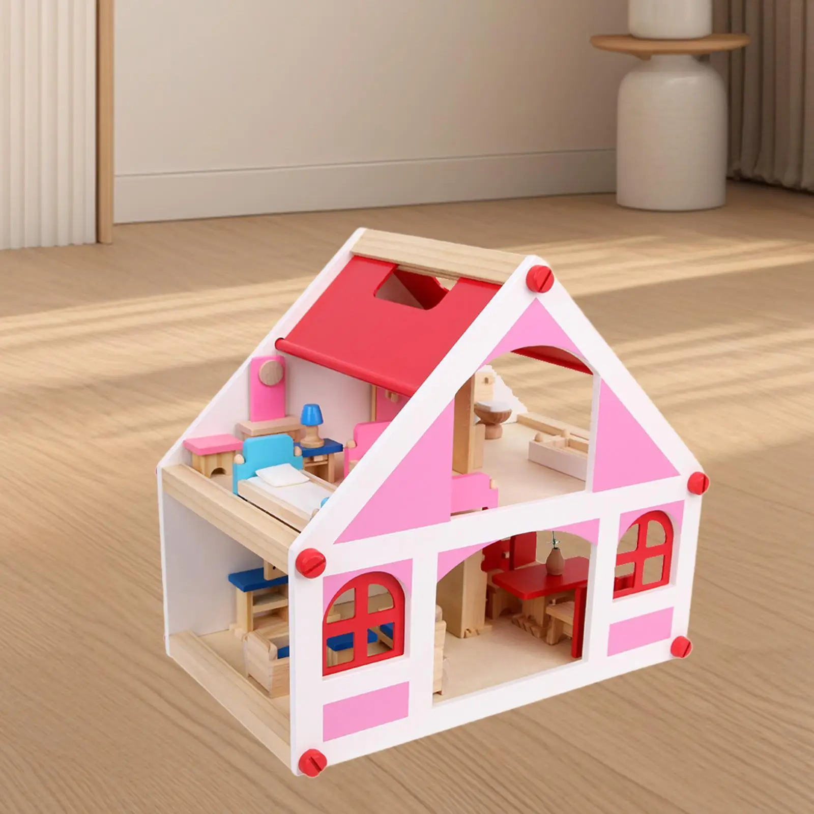 Puppenhaus-Bastelhaus-Villa aus Holz mit Möbeln und Accessoires, Rollenspiel für Mädchen ab 3 Jahren, Kindergeburtstagsgeschenk