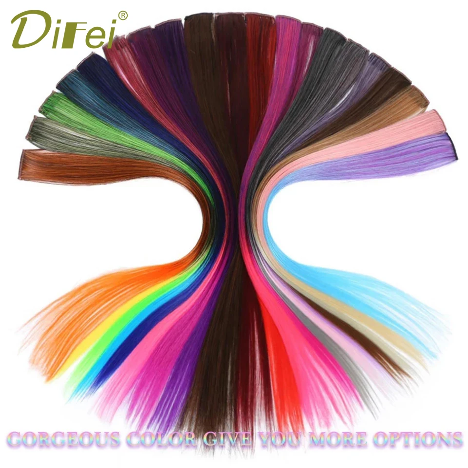 DIFEI Synthetic Clip In Hair highlights Extensions Heat Resistant Ombre Straight Hairpieces Colorful Hair For Girls Rainbow Hair