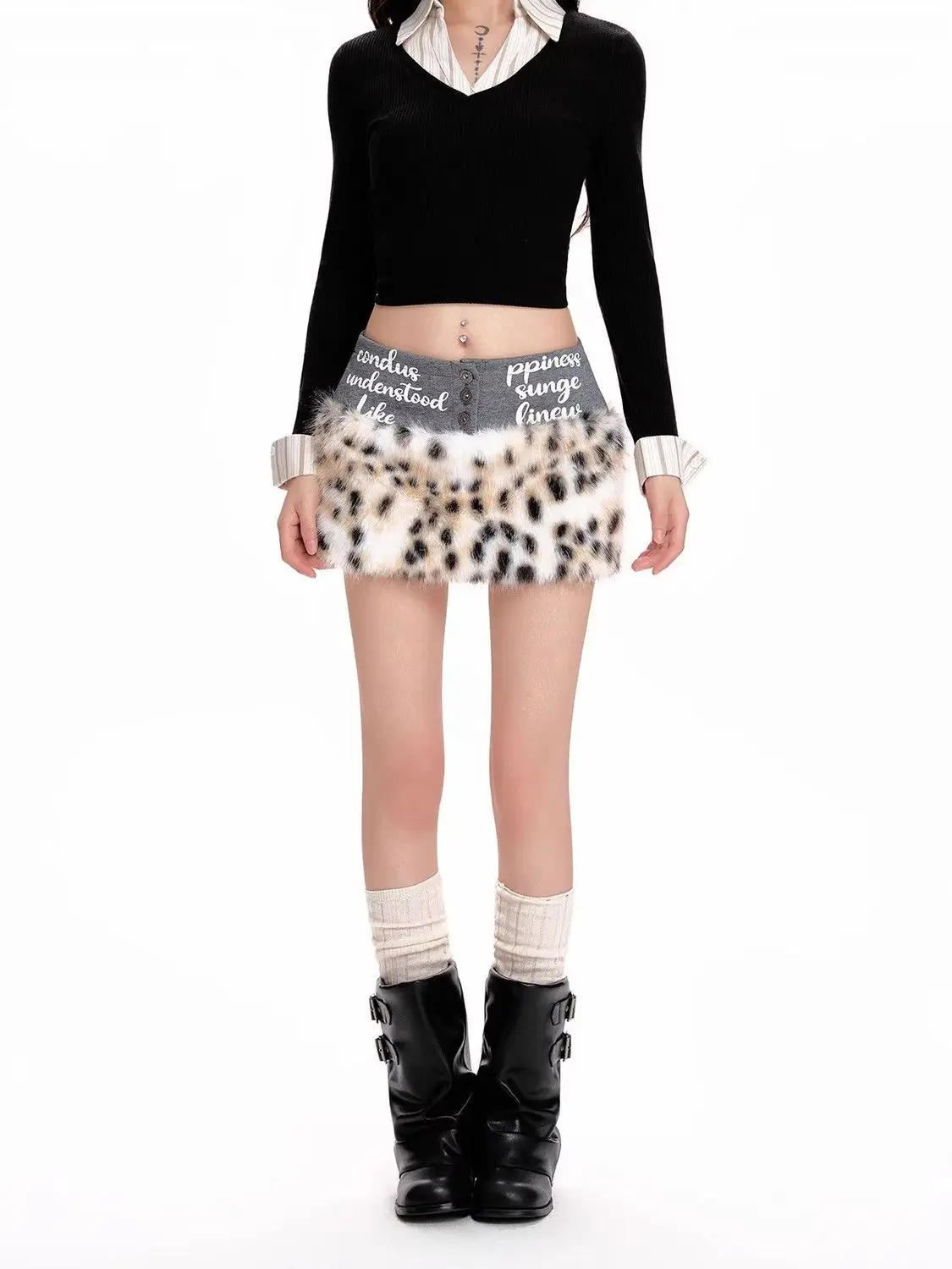 미국식 대조적인 레오파드 프린트 섹시 로우라이즈 플러시 숏 스커트 여성용 가을 겨울 스파이스 걸스 A라인 힙 스커트