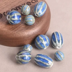 10pcs Fambed Blue Pumpkin Shape Round/Oval 11mm/20x14mm Handmade Ceramic Porcelain Loose Beads For Jewelry Making DIY Findings