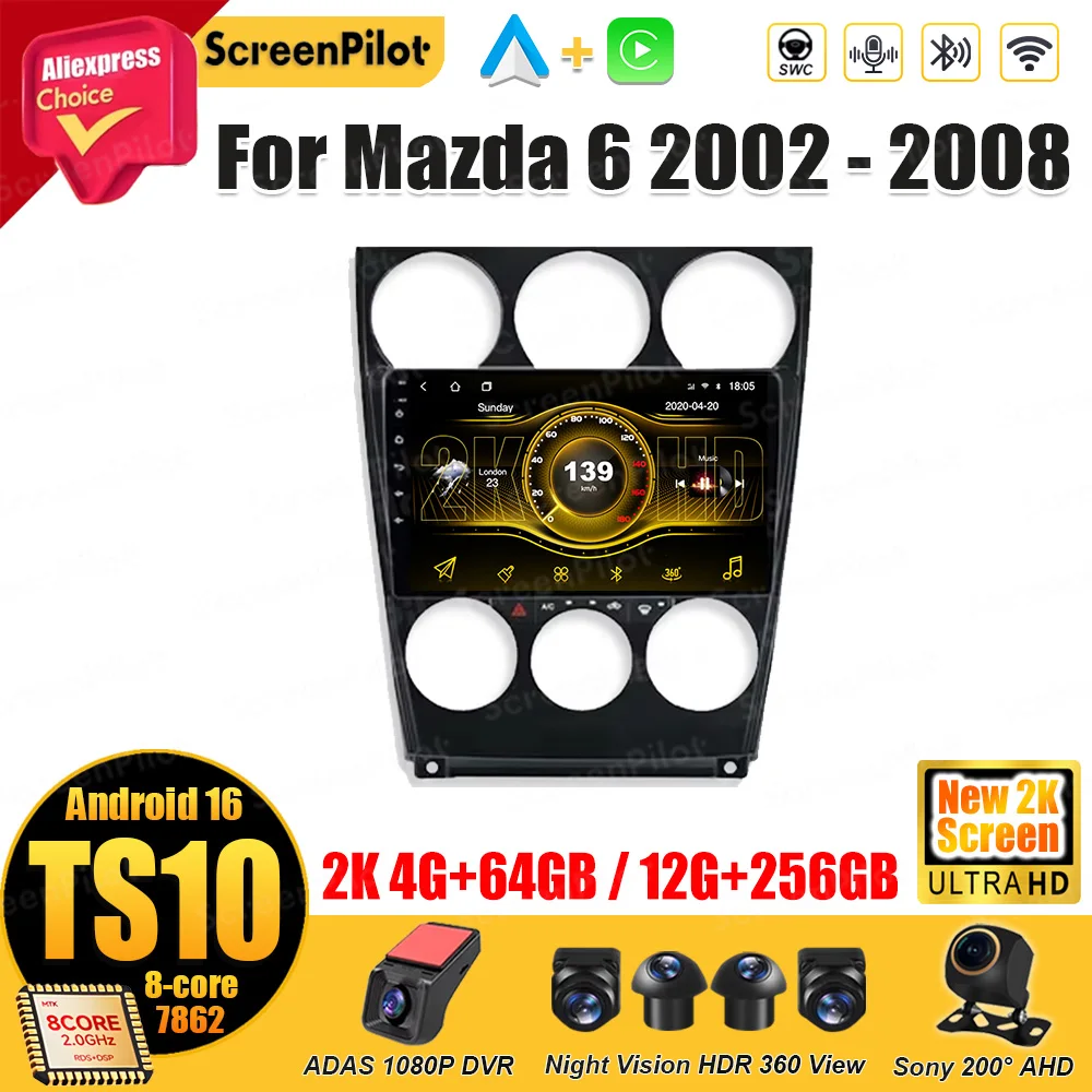 

Автомагнитола Android 16 для Mazda 6 2002-2008 годов, мультимедийный видеоплеер с Carplay, сенсорный экран 9 дюймов, 8-ядерный процессор
