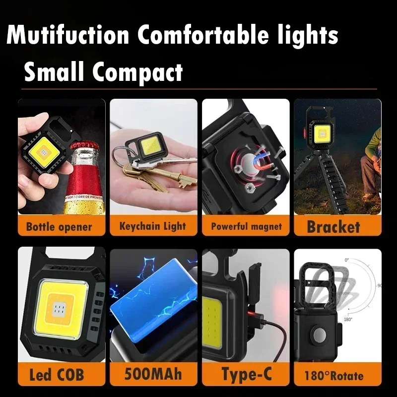 Mini LED portátil Keychain lanterna, multifunções, recarregável, COB trabalho luz, forte ímã, emergência ao ar livre, lanterna de acampamento