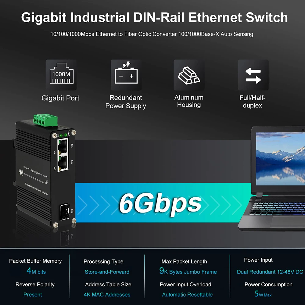 Convertidor de medios Gigabit Industrial SFP, 2 puertos, 10/100/1000M, RJ45, + 1 puerto, 100/1000M, conmutador Gigabit Ethernet de 2 puertos, 12-48V CC