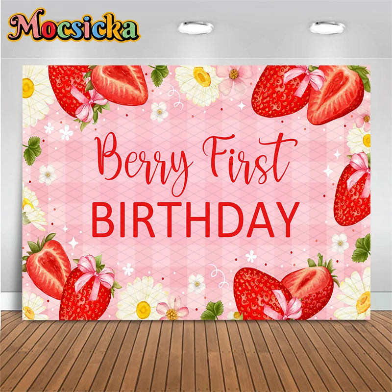 Mocsicka Berry First Birthday Backdrop Pink Check Strawberry Daisy Floral Background Woman Baby Girl 1 Year Old Photoshoot Props