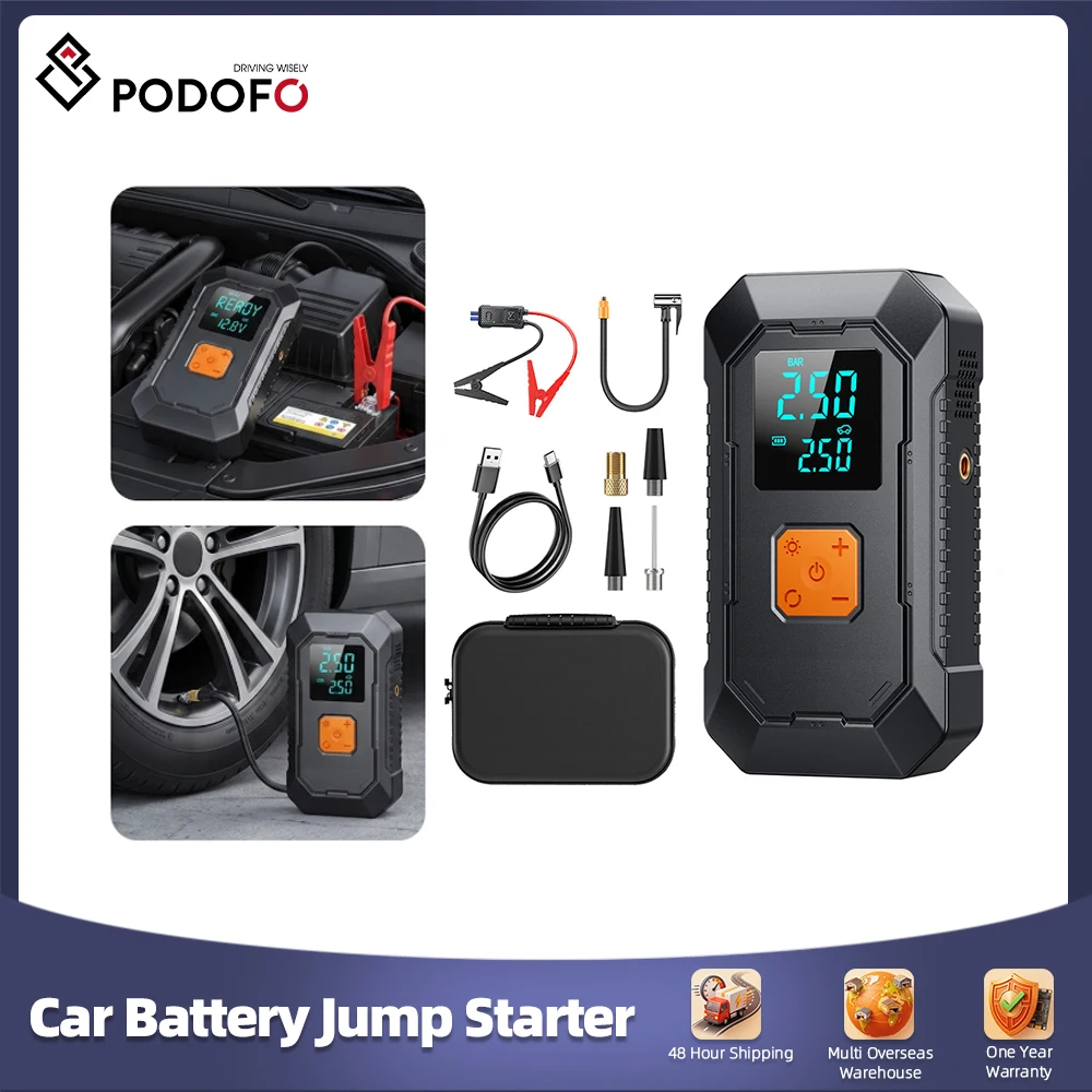 Arrancador de Coches Podofo 1500A 12V, Arrancador de Batería Portátil con Pantalla Digital Dual y Luz LED para Emergencias en Carretera, Camping, Viajes, Carga de Smartphones, Tablets, Auriculares