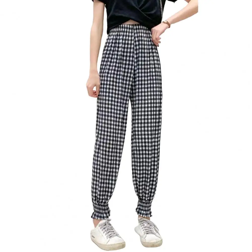 

High Waist Shrinkable Cuffs Ice Silk Women Pants Summer Plaid Dot Print Bloomers Streetwear